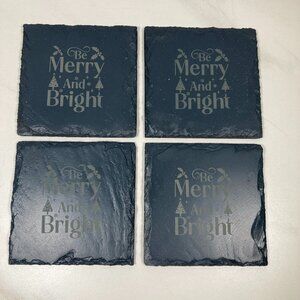 Be Merry and Bright Christmas Coasters - Laser Engraved - Set of 4 - w/Jute Rope